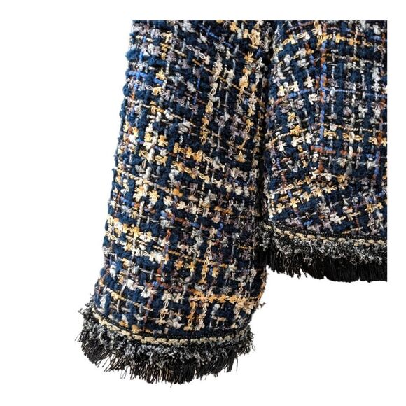Melanie Lyne Multi-Colored Blue Tweed Open Front Blazer Jacket Frayed Trim Sz 4 - Picture 5 of 7